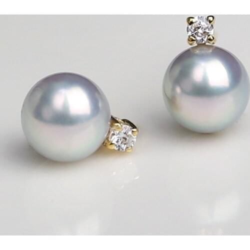 18K Solid Yellow Gold Jewelry(AU750) Women Strong luster Diamond Earrings Natural seawater Akoya Gray pearl Fashion Lady