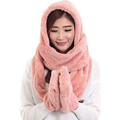 3 in 1 Women Warm Hood Scarf Snood Pocket Gloves Hat Comfortable for Winter Outdoor JL