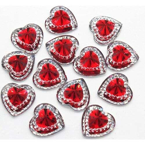 50pcs 14mm Red Heart Shiny Rhinstone Flatback Cabochon Stone Scrapbooking DIY Phone/Wedding Decoration