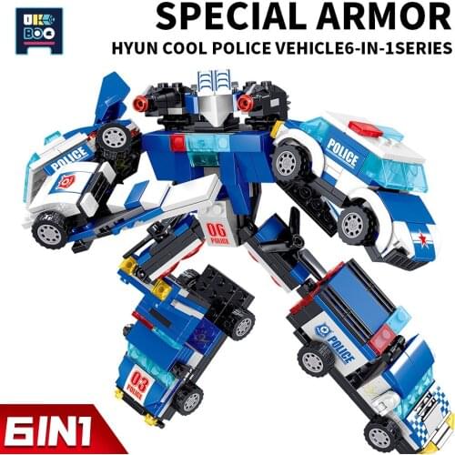 541PCS 6IN1 City Police Robot Model Building Blocks Military Fighter Car Deformation Mecha Bricks Educational Toys For Children
