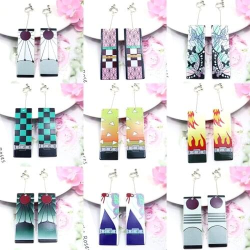 Acrylic kimetsu no yaiba Long Earrings for Women Girl Cosplay Demon Slayer Anime Jewelry None Pierced Screw Ears Clips Earring