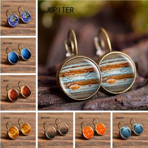 Bronze Earrings Solar System Planet Jupiter Sun Earrings Glass Cabochon Jewelry Girl Delicate Ear Hook Gift for Women