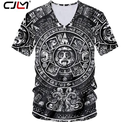 CLJM Hip Hop V-neck Tshirt Man Short Sleeve Tees Streetwear Mens Black White Totem 3D Printing Harajuku Punk Short Sleeve Top