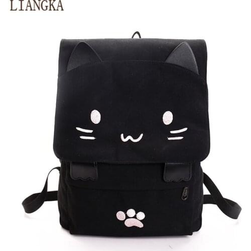 Women Cute Cat Backpack Canvas Kawaii Backpacks School Bag for Student Teenagers Lovely Rucksack Cartoon Bookbags M896