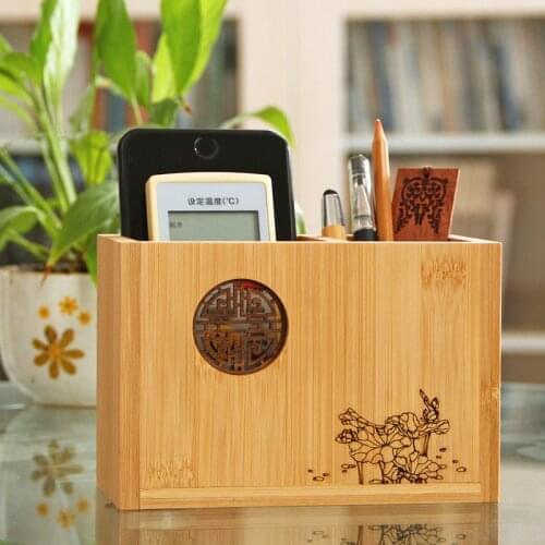 Double Grid Office Creative Multi-functional Super Large Capacity Bamboo Pen Holder Chinese Style Office Orangizer