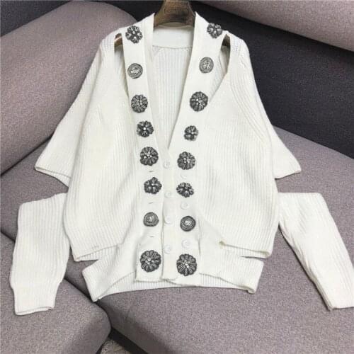 Cardigan Feminino Heavy Work Beaded Big Button V-neck Knit Cardigan Women Irregular Hole Leaking Shoulders Lazy Sweater Woman
