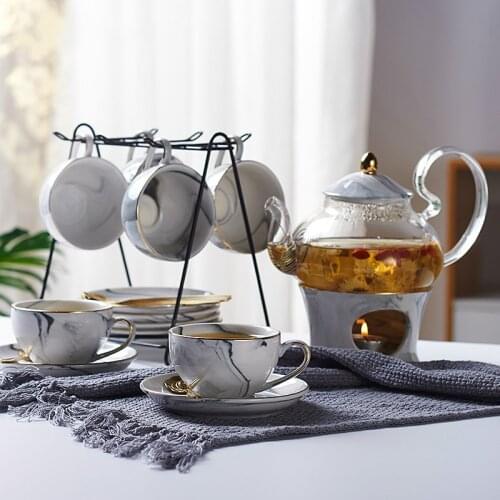 Marble Pattern Ceramic Tea Set Nordic Ceramic Tea Cup with Candle Holder Flower Filter Kettle Teapot Coffee Set Cup Tea Set