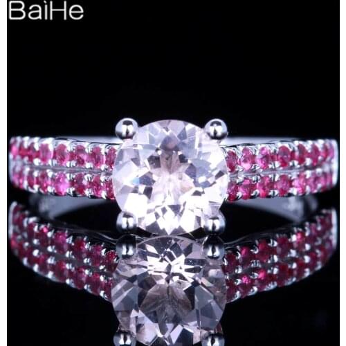 BAIHE Solid 14K White Gold 0.76CT Pink Flawless Genuine Morganite Engagement Gift Fine Jewelry Rubies Diamonds Morganite Ring