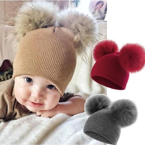 Hot Ins Childrens Winter Knitted Hat Oversized Double Ball Wool Hat Baby Wool Ball Meticulous Knitted Hat Head Warm