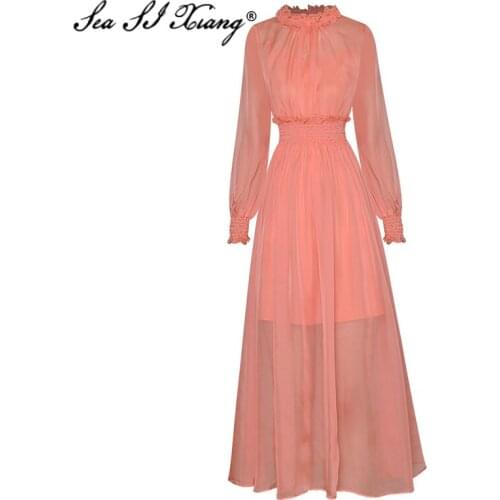 Seasixiang Fashion Designer Early Autumn Dress Women Square Collar Lantern Sleeve Elastic Waist Solid Vacation Dresses