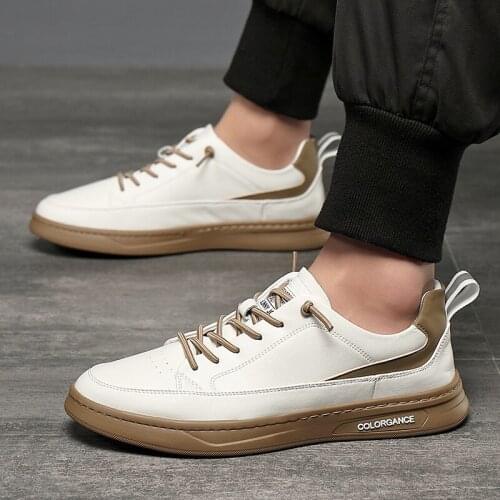 Mens summer white shoes, leather breathable, comfortable and wear-resistant mens casual shoes