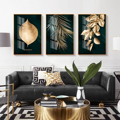 Wall Art Poster and Print Nordic Modern Style Golden Leaf Canvas Abstract Painting Decor Pictures for Living room Unique Decor