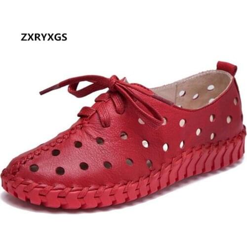 2019 Newest Hand-stitched Soft Comfort Hollow Full Genuine Leather Shoes Summer Sneakers Women Sandals Shoes Flat Casual Sandals