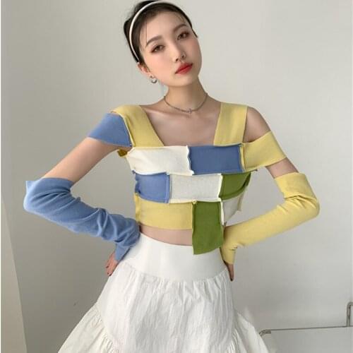Girls Vacation Summer Knitted Patchwork T-shirt Retro Personality New Square Collar Strapless Sleeves Fashion T-shirt Women