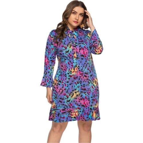 Fashion Women Plus Size Dress New Style European and American V-Neck With Bow Leopard Print Flouncing Dress Office Lady Skirt