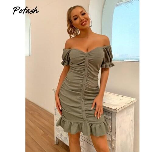 Pofash Solid Ruffle Mini Dresses Women Elastic Ruched Backless Sexy Club Party Bodycon Dress Button Female Summer Vestidos 2021
