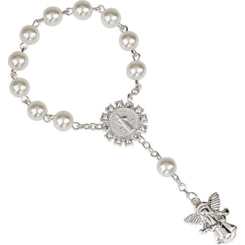 QIGO Metal Angle Pendant Plastic Beads Rosary Bracelet Religious Jewelry