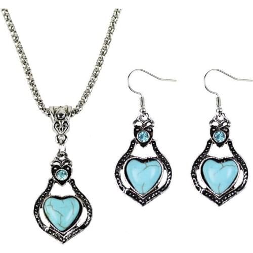 Retro Turquoise Heart Jewelry Sets 925 Silver Pendant Earring Necklace Fashion Chain Handmade Amulet Gifts for Her Woman