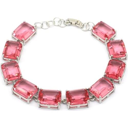 68x10mm Highly Recommend Created Pink Tourmaline White Cubic Zircon Silver Bangle Bracelet 7.5inch