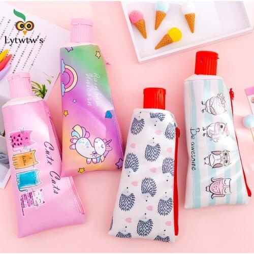 1 Pieces Lytwtws Kawaii Cute Toothpaste Styling Pen Pencil Bag PU School Stationary Pouch Case With Pencil Sharpener