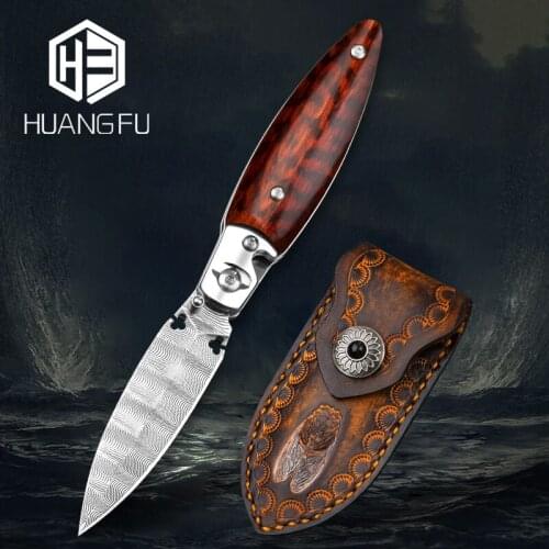Gold cicada Damascus folding knife handmade knife outdoor knife collection knife legal self-defense supplies gift knife holder