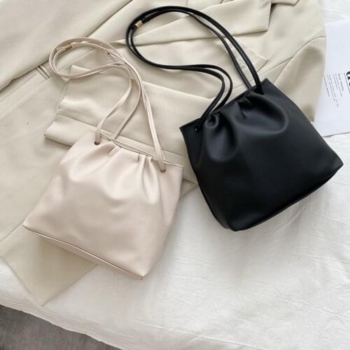 PU Leather Women Shoulder Bags Pleated Bucket Crossbody Fashion Korean Handbag for Outdoor Shopping Traveling Supply