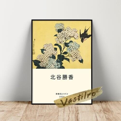 Katsushika Hokusai Museum Exhibition Poster, Hydrangea And Swallow Japanese Art Prints, Hokusai Large Flowers Series Wall Decor