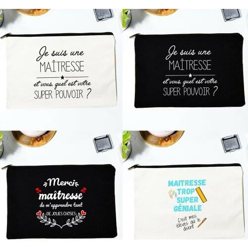 Fashion French Teacher Life Women Makeup Bag Harajuku Aesthetic Canvas Zipper Cute Pouch Pencil Storage Femme Cosmetic Bags