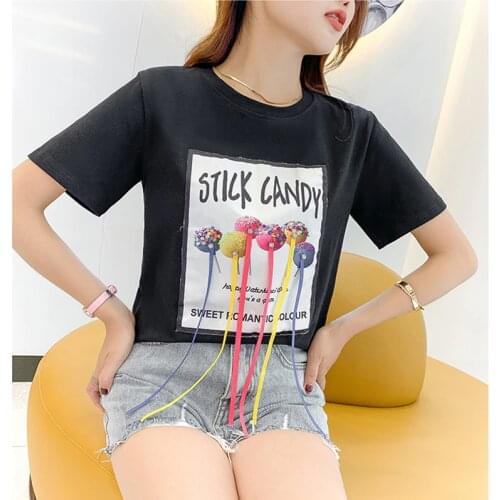 GGRIGHT Summer Rivet Female T-shirt 2021 Print Basic Knit O-neck Cotton Tshirt Women Casual Short Sleeve Lady Tops Tees