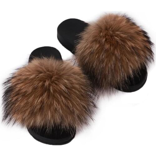 YOLOAgain Women Raccoon Fur Flat Furry Slippers Real Fox Fur Slides