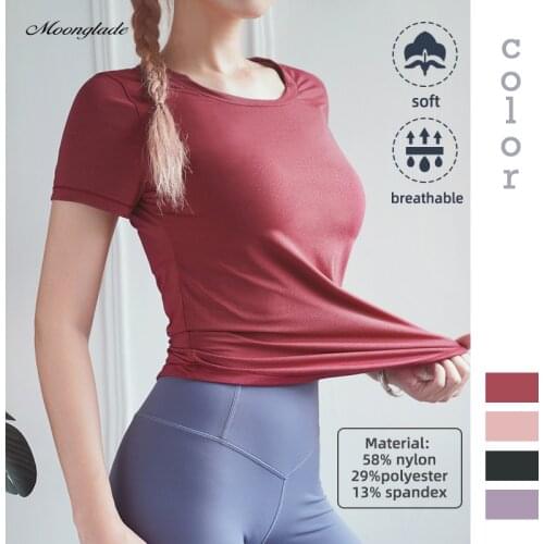 Moonglade Tight Yoga Shirts Women Short Sleeve Gym Tops Fitness Running Workout 2021 Summer Sport T-Shirts Sports Wear Slim Thin