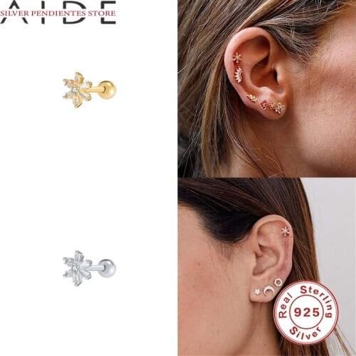 AIDE 1PCS 925 Sterling Silver Geometric Thread Perforated Earrings Women White Zircon Stud Earrings Korean Fashion Jewelry