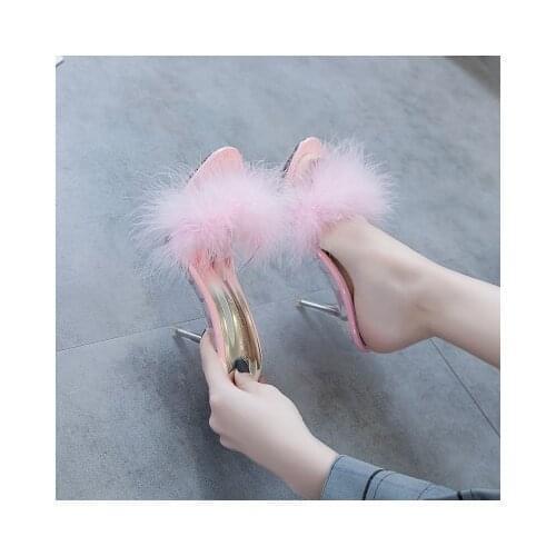 2019 Best-selling New Villi Hairy Slippers Womens Shoes 9.5 Cm Crystal High Heels Sexy Slippers Women Summer Ladies Slippers