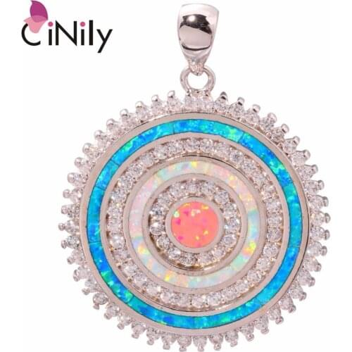 CiNily Created Blue Pink White Fire Opal Cubic Zirconia Silver Plated Wholesale Fashion Jewelry for Women Pendant 1 1/2" OD6160