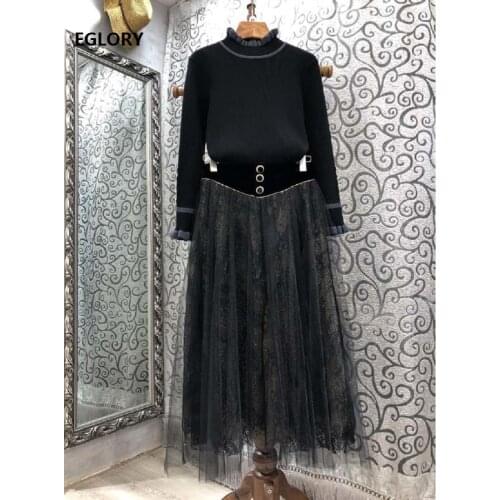 High Quality Sweater Sets 2021 Spring Fashion Skirt Suit Women Knitted Black Pullovers+Buttons Deco Sexy Tulle Mesh Skirt Set