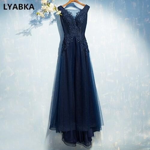 2019 Navy Blue Tulle With Appliques Evening Dress Prom Gown Robe de Soiree Scoop Neck Evening Dresses Long Vestido De Festa