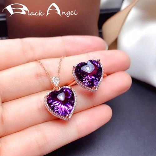 BLACK ANGEL New 925 Silver Elegant Amethyst Romantic Heart Purple Gemstone Necklace Resizable Ring For Women Wedding Jewelry Set