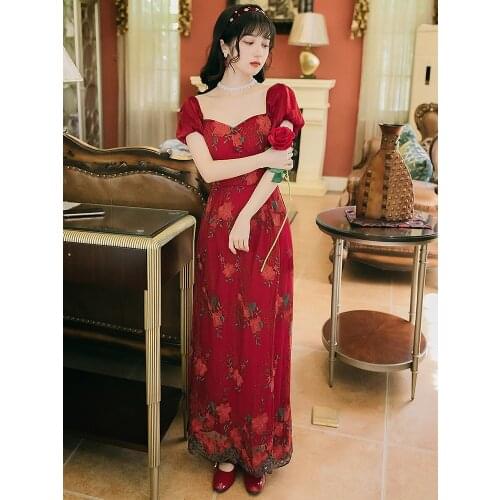 BLLOCUE Retro Embroidery Fairy Dresses 2020 Summer New Temperament Elegant Dress Holiday Red Dress Women