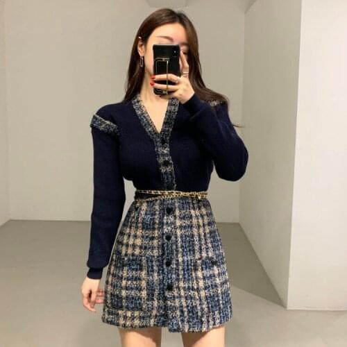 V neck Sashes Knitted Sweater Tweed Dress Autumn Vintage Office Vestidos Cortos Enteritos Largos de Mujer Elegantes HB147