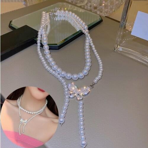 Vintage Pearl Necklaces For Women Fashion Multi-layer Rhinestone Butterfly Pearl Chain Necklace 2021 NEW Cross Choker Jewelry