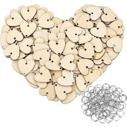 100 Pieces Heart Shaped Wooden Discs Wood Tags with 2 Holes and 100 Pieces Rings for Birthday Board Calendar DIY Crafts