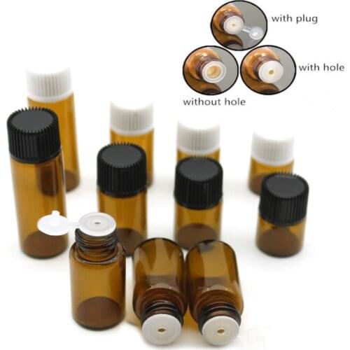 100pcs 1ml 2ml 3ml 5ml Drams Amber Glass Bottle With Plastic Lid Insert Essential Oil Glass Vials Perfume Sample Test Bottle
