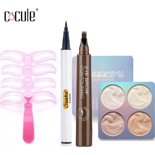 4Pcs/Set Profesional include Microblading Liquid Eyeliner+Curly Mascara+3D Highlighter Palette