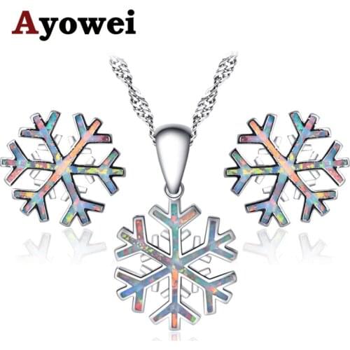 Ayowei party gift Snowflake Jewelry Set for Women Engagement White Opal Silver Stamped Earrings Pendant with chain OS031A