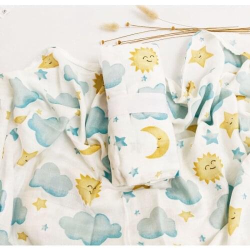 Two layer Bamboo+cotton Stars moon and clouds Baby wrap muslin swaddle Newborn Blankets