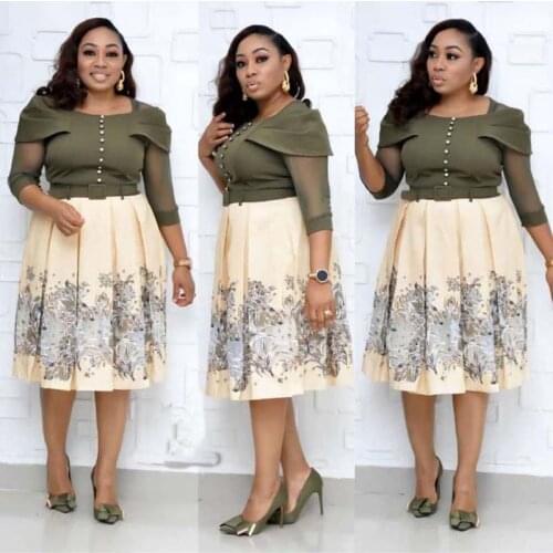 Elegant A-Line Dress Women African Ruffles Mesh Sleeve Print Patchwork High Waist Dress Office Lady Africa Clothing Plus Size