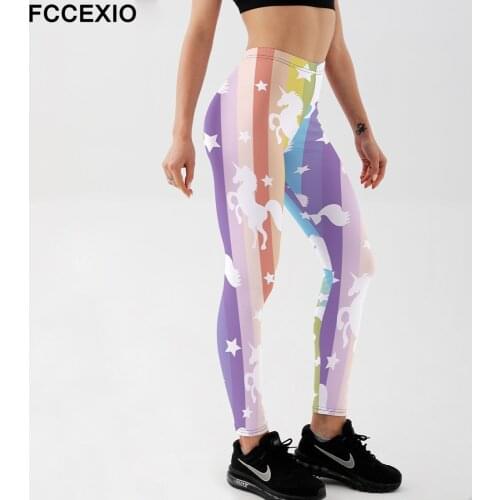 FCCEXIO New Stretch Leggings Rainbow Unicorn Stripes Print Fitness Legging Sexy Silm legins High Waist Trouser Women Pants