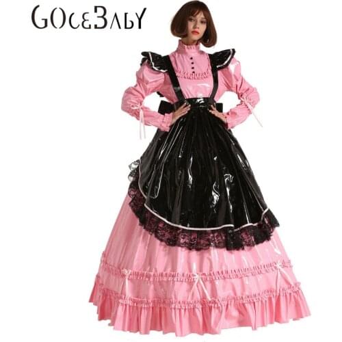 French PVC Prissy Sissy Maid Lockable Long Dress Cosplay Costume Crossdress Uniform