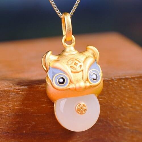 Natural Hetian White Jade Year Beast Pendant Necklace Chinese Retro Culture Unique Ancient Method Gold Craft Silver Jewelry