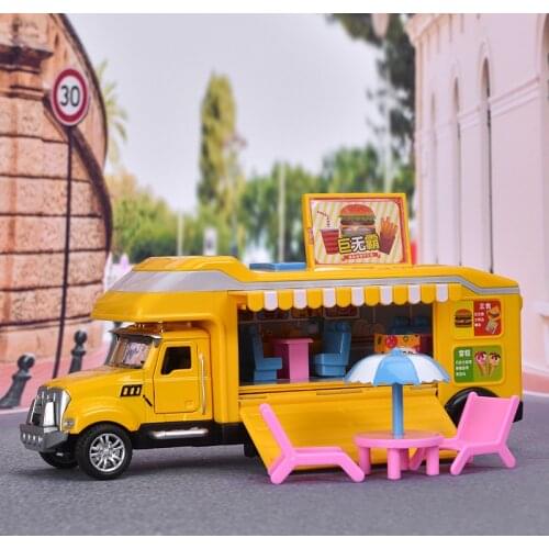 Kawaii Die-cast & ABS DIY Toy Car 1:38 Fast Food Bus RV Car Models With Sound & Light With Mini Furnitures Doll Accessories
